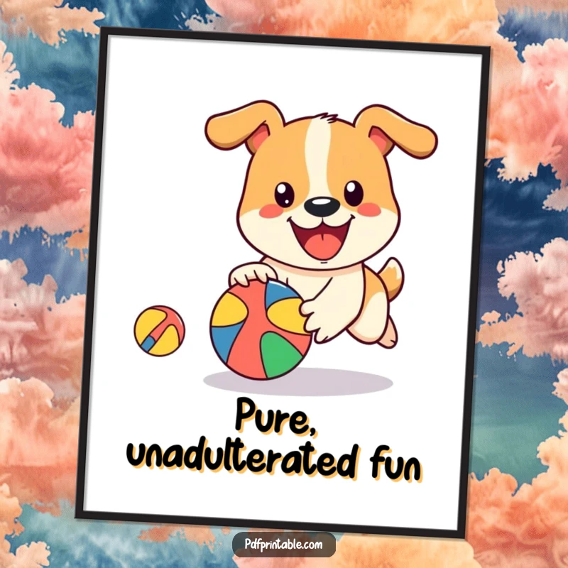 Funny Dog Ball Poster featuring a happy dog character in energetic pursuit of a bouncing, colorful ball, ideal for wall decor.