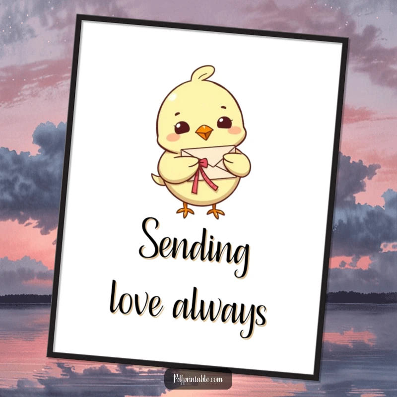 Funny Bird Letter Poster featuring a cheerful bird character delivering a tiny, folded letter with a ribbon, ideal for heartwarming wall decor.