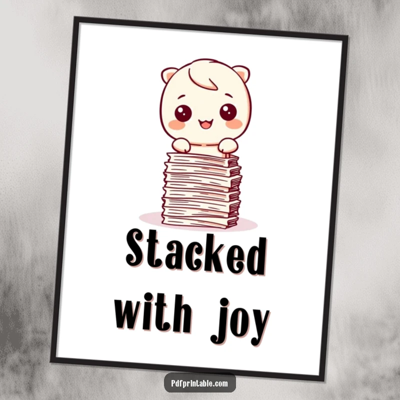 Funny Kawaii character happily stamping papers into a neat stack, a motivational poster for order lovers.