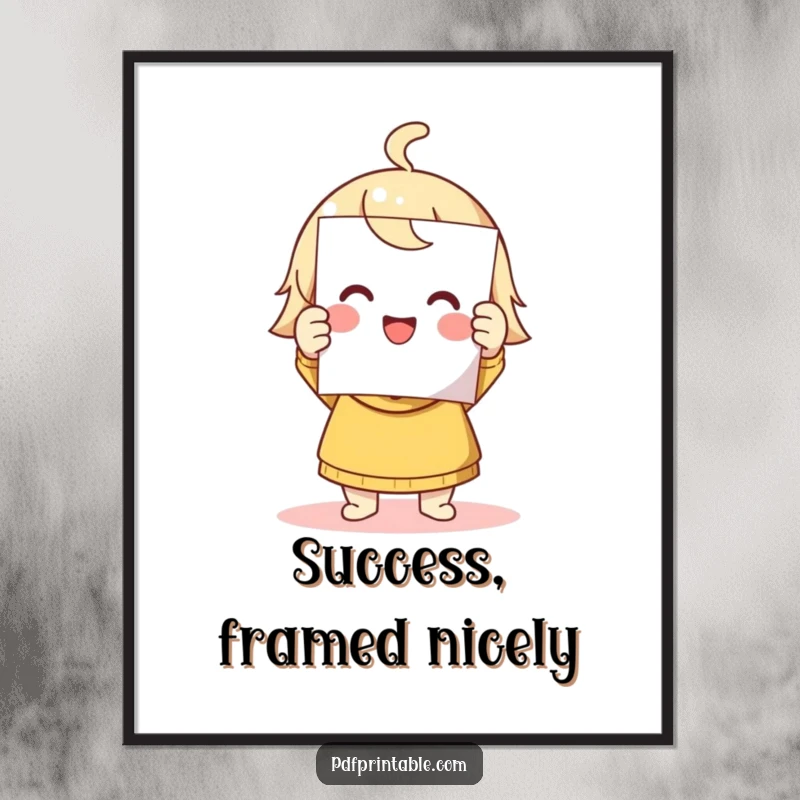 Funny poster of a cute character smiling triumphantly with a printed page, celebrating the joy of achievement.