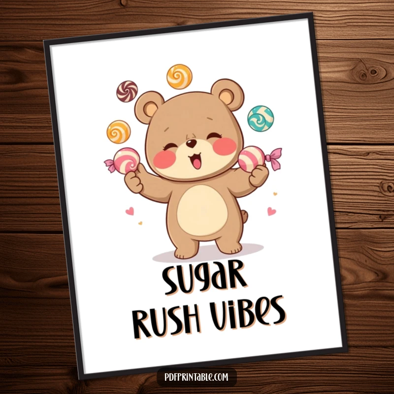 Funny poster print of a giggling bear character skillfully juggling a massive collection of brightly colored candies, creating a scene of pure, sweet amusement.