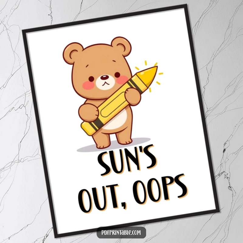 Funny kawaii bear with a big crayon, drawing a happy sun, creating a cheerful and artistic wall decoration.