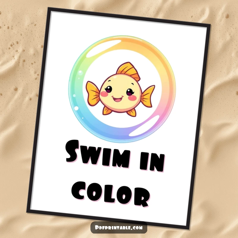 Funny Fish Poster: A smiling fish swims through a rainbow bubble, creating a beautiful and humorous piece of wall art.