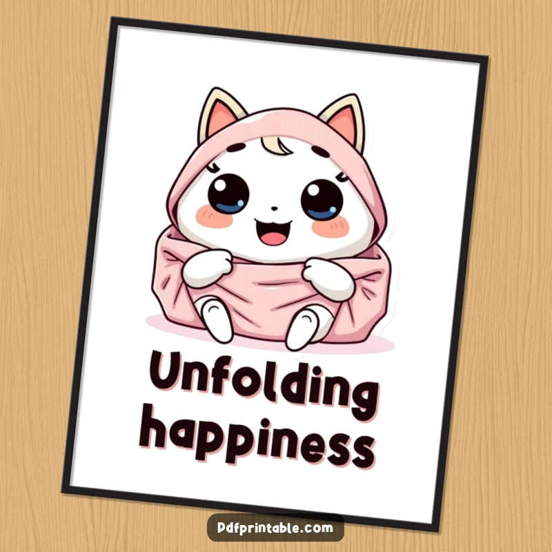 Funny Poster: Giggling Kawaii character joyfully unfolds a large, colorful design. Whimsical wall art and funny gift.