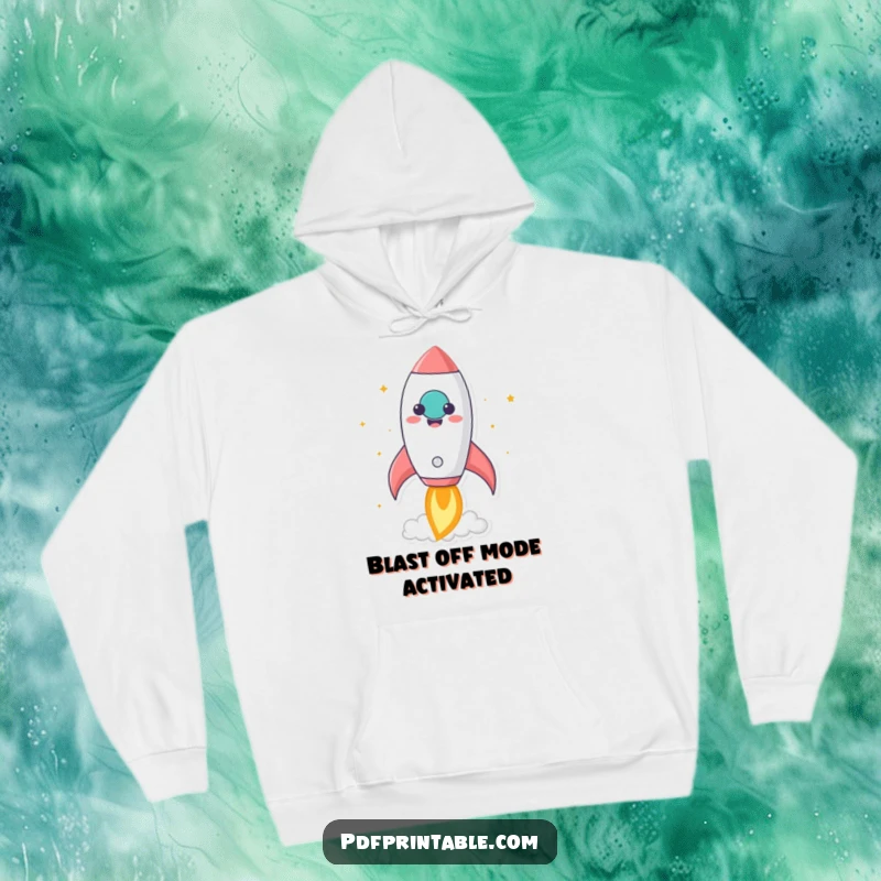Funny kawaii rocket character enthusiastically blasting off from a smiling paper, featured on a cozy hoodie for humorous inspiration.