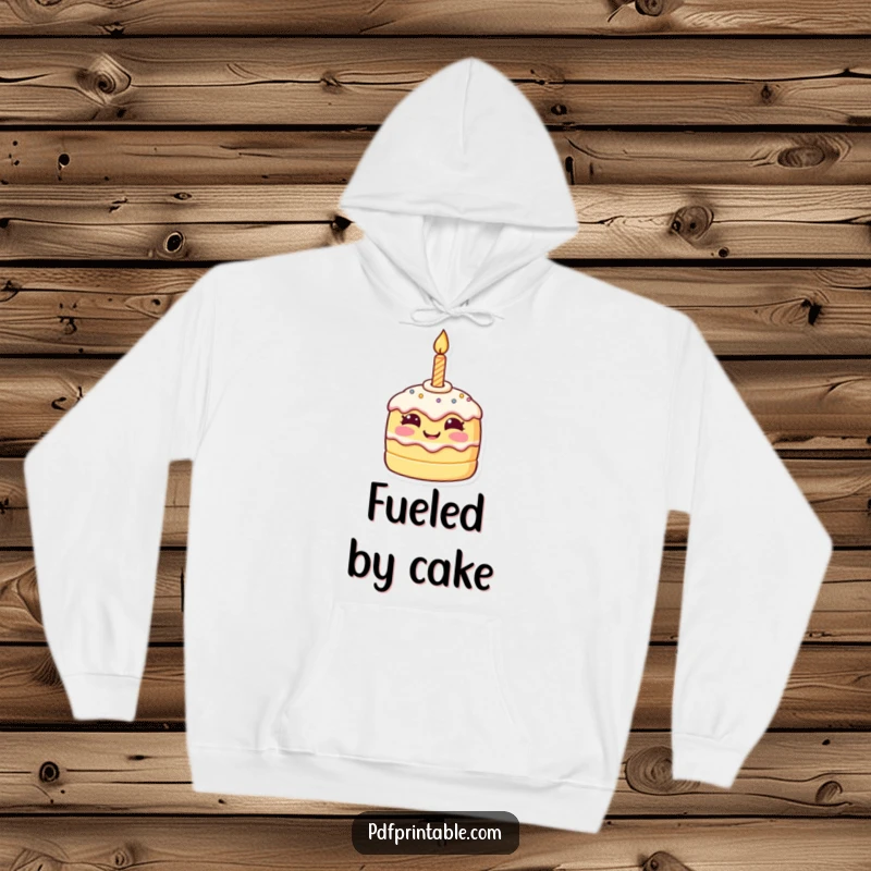Funny birthday hoodie featuring a tiny, smiling cake character with a lit birthday candle, exuding warmth and joy.