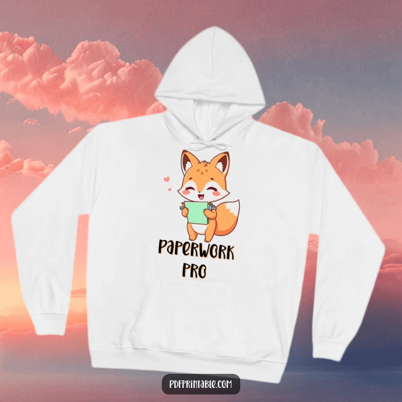 Funny kawaii fox giggling while clutching colorful papers, featured on this warm and snuggly hoodie.