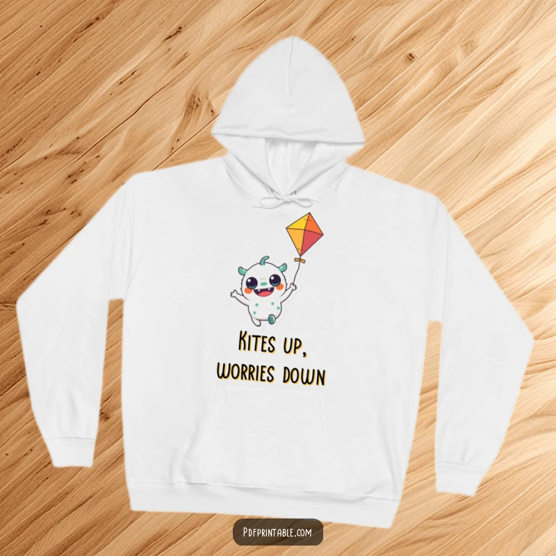 Funny Hoodie: A comfortable hoodie with a cheerful monster character holding a colorful kite flying, perfect for playful adventures.