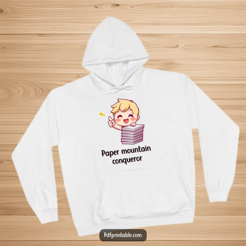 Funny Pointing Papers Hoodie featuring a smiling character energetically pointing at a stack of papers, offering cozy motivation.