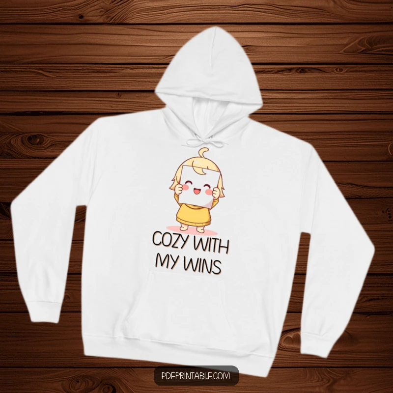 Funny hoodie featuring a cute character smiling with a printed page, representing successful outcomes and cozy comfort.