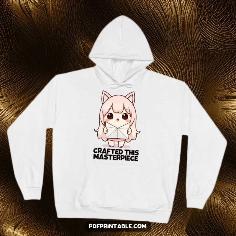 Funny Hoodie: Surprised Kawaii character proudly displays a handmade paper craft, a symbol of creative joy. Perfect funny gift.