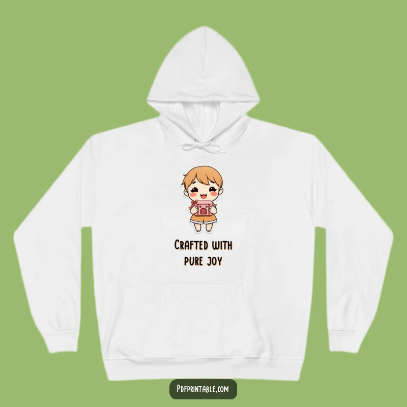 Funny Cozy Crafter Hoodie: Warm sweatshirt with smiling character and paper craft, funny gift.