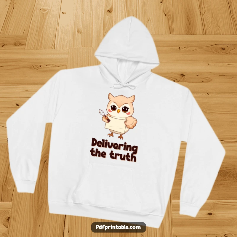 Funny Hoodie: A playful owl carrying a scroll and feather quill in its beak, perfect for cozy contemplation and intellectual pursuits.