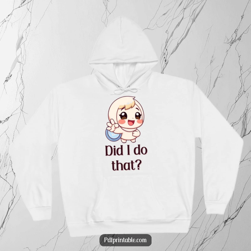 Funny, warm hoodie showcasing a happy character about to press a big button, radiating joy and a love for starting things, ideal funny gift.