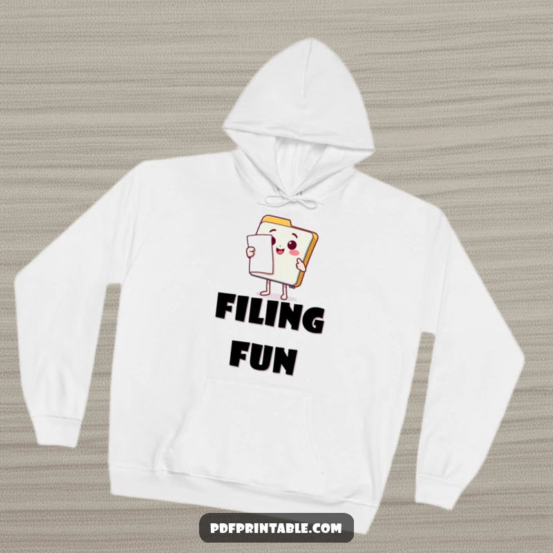 Funny Hoodie: Happy folder character presenting a document with a flourish, embodying organized presentation and professional charm.