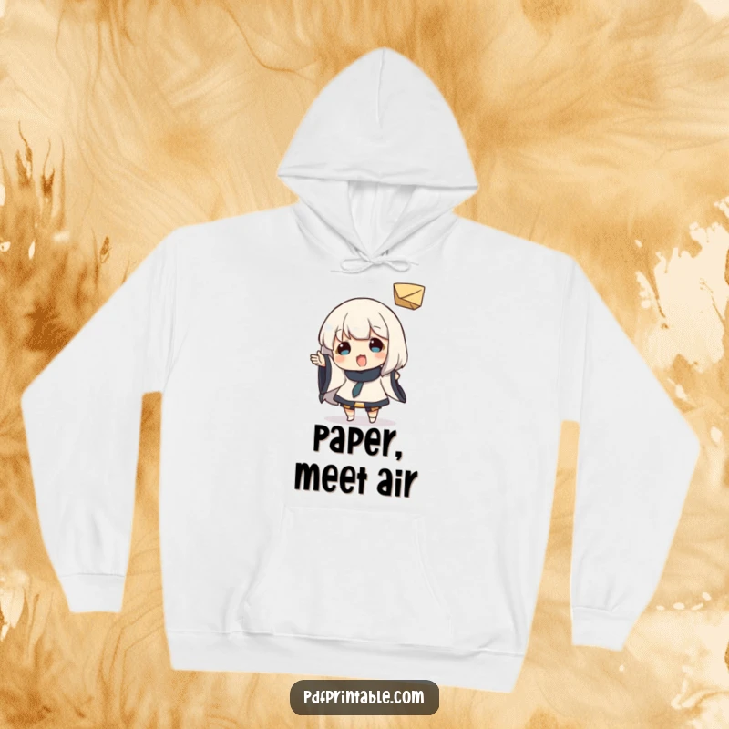 Funny Hoodie: Character in a playful stance, tossing a small folded paper object, exuding joy and whimsy, a cozy funny gift.