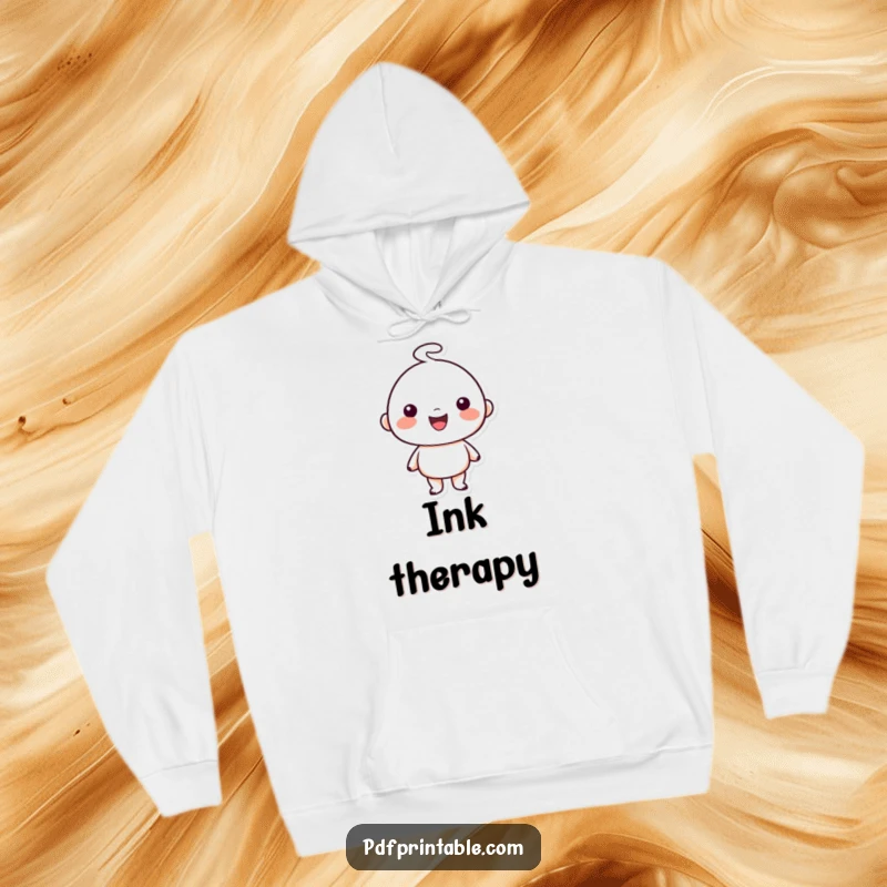 Funny Hoodie: Happy character showing off a simple charming doodle artwork, radiating joy and artistic expression, a warm funny gift.