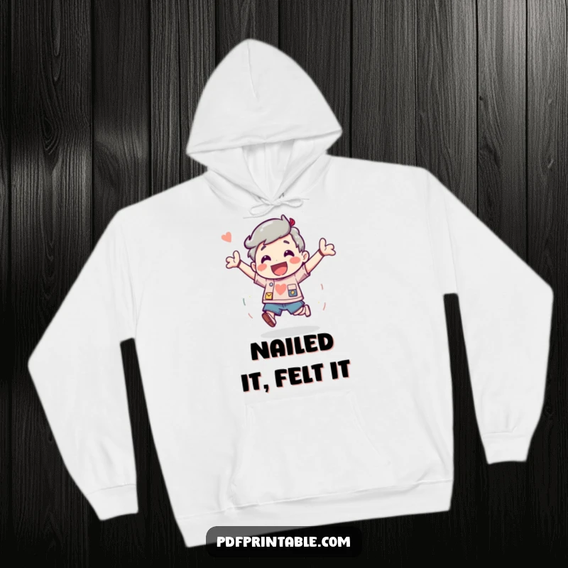 Funny Hoodie showing a character bouncing with excitement and happiness after finishing an enjoyable and satisfying project.