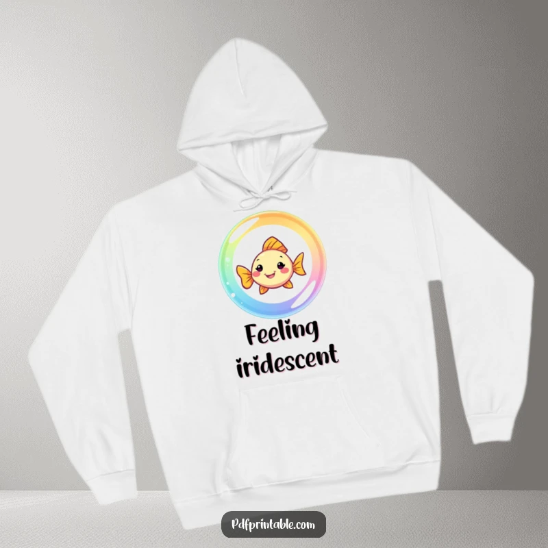 Funny Fish Hoodie: A smiling fish swims through a rainbow bubble, offering cozy comfort and a splash of vibrant humor.