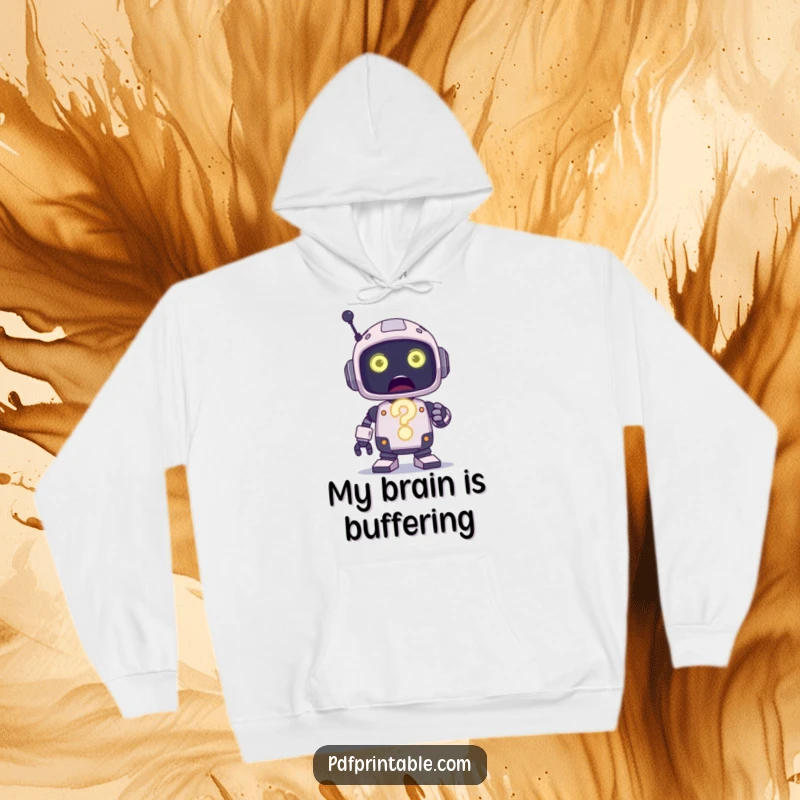 Funny Hoodie showcasing a surprised robot character holding a large, glowing question mark, symbolizing deep thought.