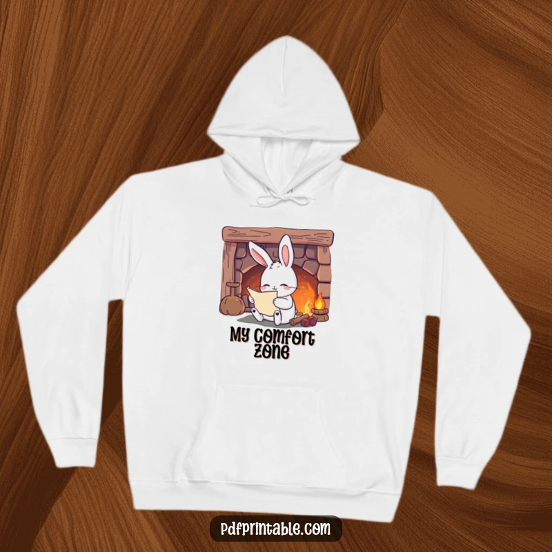 Funny Hoodie: A content rabbit reading a scroll beside a cozy fireplace, perfect for comfortable relaxation and literary enjoyment.