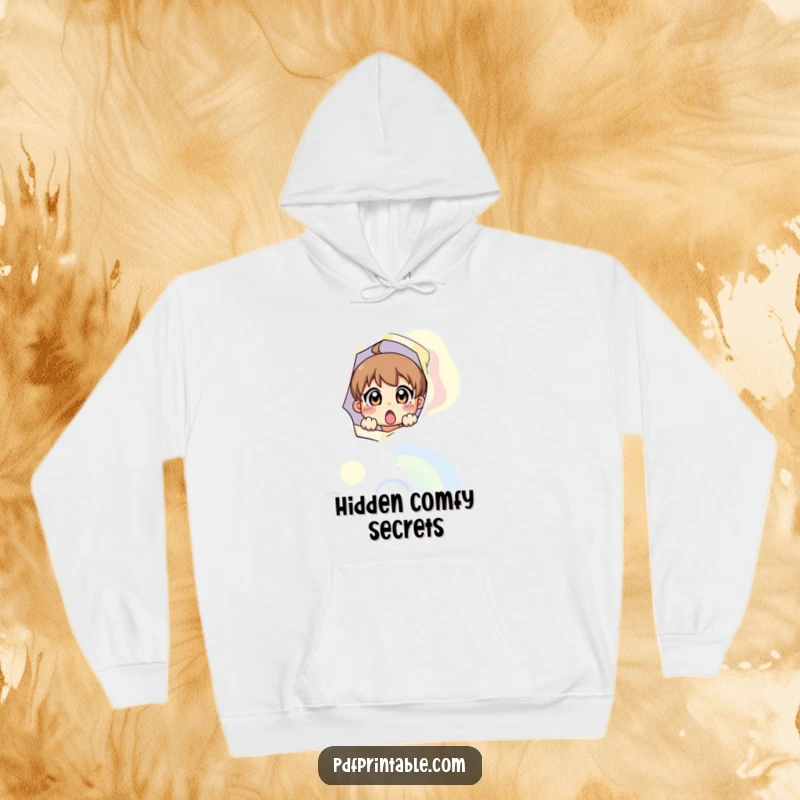 Funny hoodie with a surprised character peeking from a giant, colorful page, offering comfort and playful intrigue.
