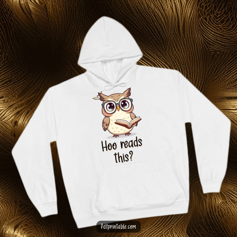 Funny owl wearing tiny glasses staring at a flying book, depicted on a cozy hoodie for intellectual comfort.