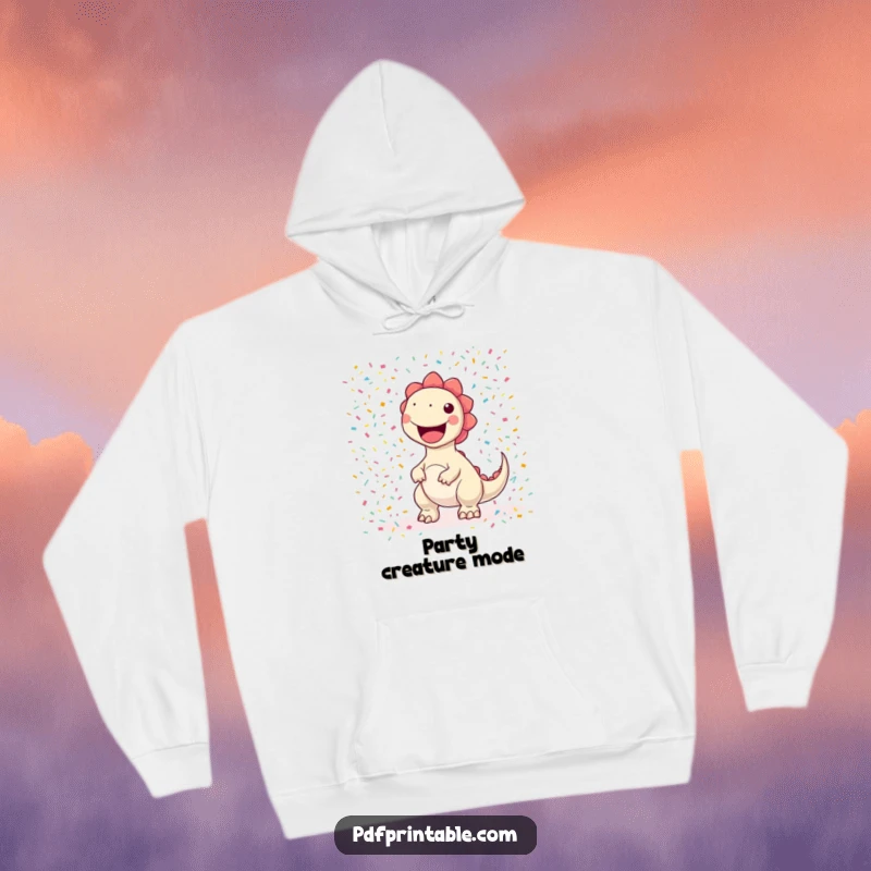 Funny kawaii dinosaur character joyfully printing a giant, colorful confetti pattern, featured on a cozy hoodie for humorous festivities.