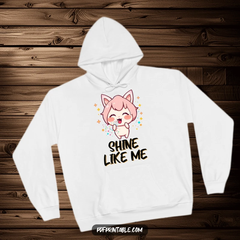Funny Kawaii glitter hoodie featuring a happy character exhaling a magical stream of colorful glitter, offering cozy and whimsical vibes.