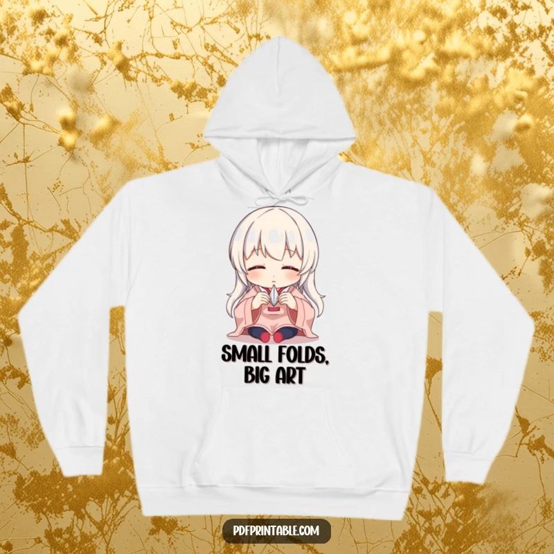 Funny Hoodie showing a character engrossed in intently folding a tiny paper crane, highlighting precision and artistic passion.