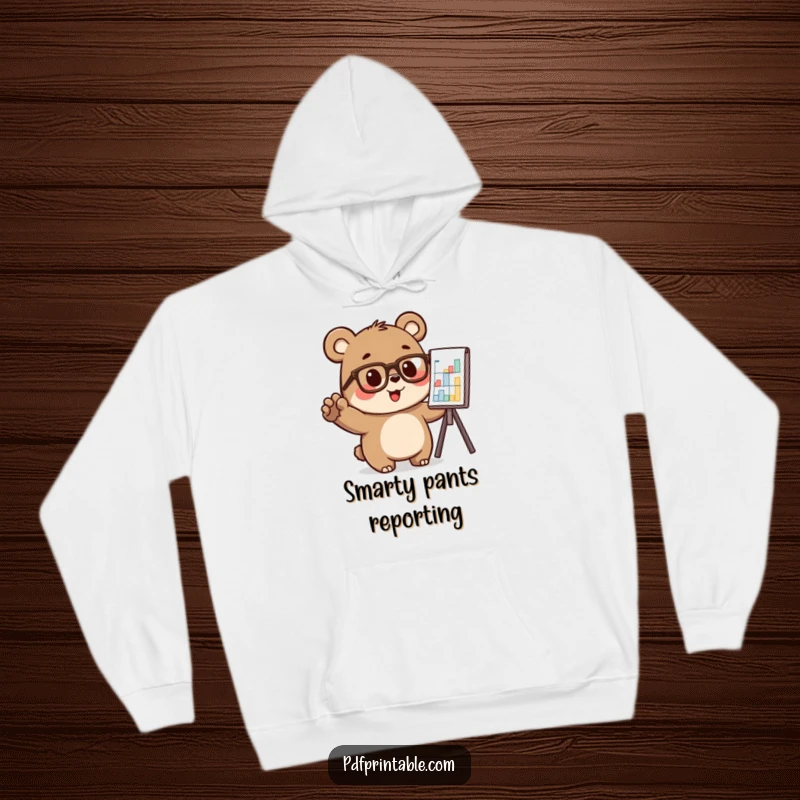 Funny bear wearing glasses and pointing at a chart, featured on a warm hoodie, perfect funny gift.