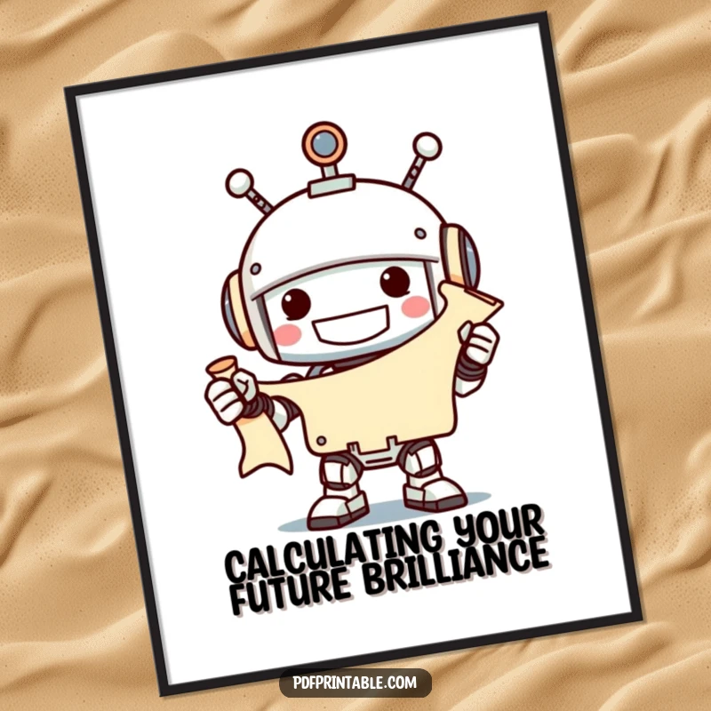 Grinning robot holding an unfurled scroll, displaying a cheerful message, funny free printable wall art.