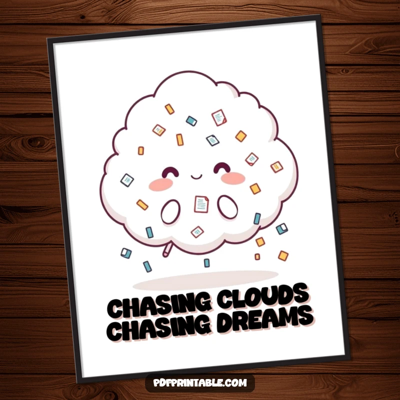 Funny Free Printable Wall Art: A fluffy cloud character raining tiny document icons. Unique and humorous downloadable decor.