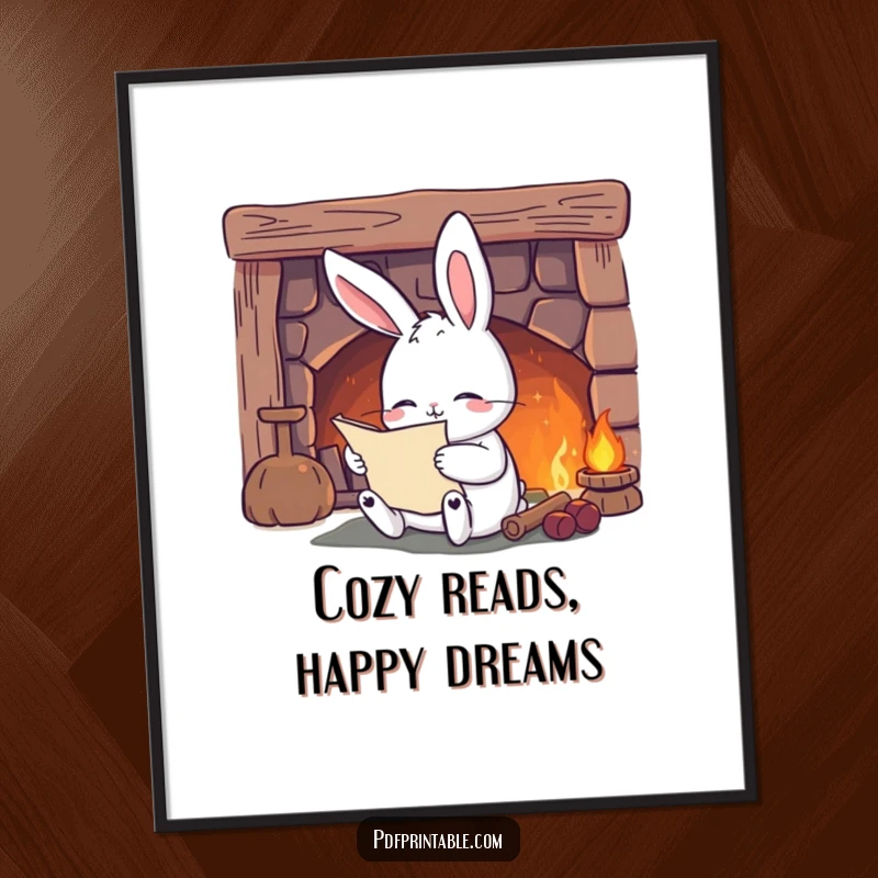 Funny Free Printable Wall Art: A content rabbit reading a scroll by a warm, cozy fireplace.