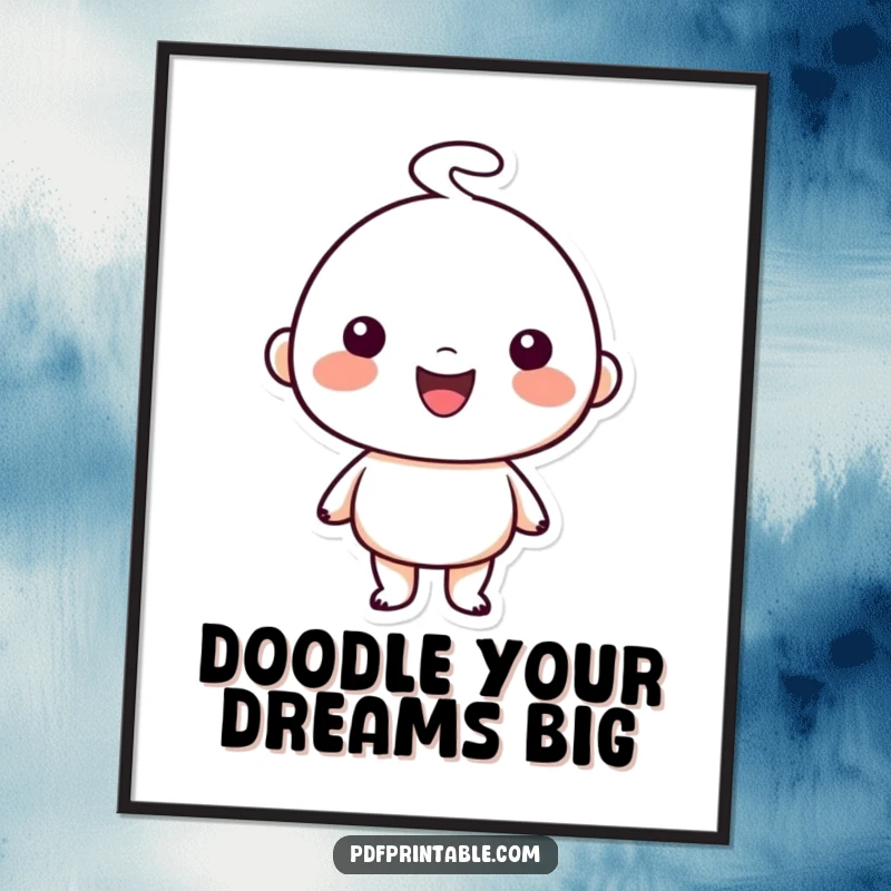 Funny Free Printable Wall Art: Happy character proudly presenting a simple, charming doodle artwork, radiating artistic charm and humor.