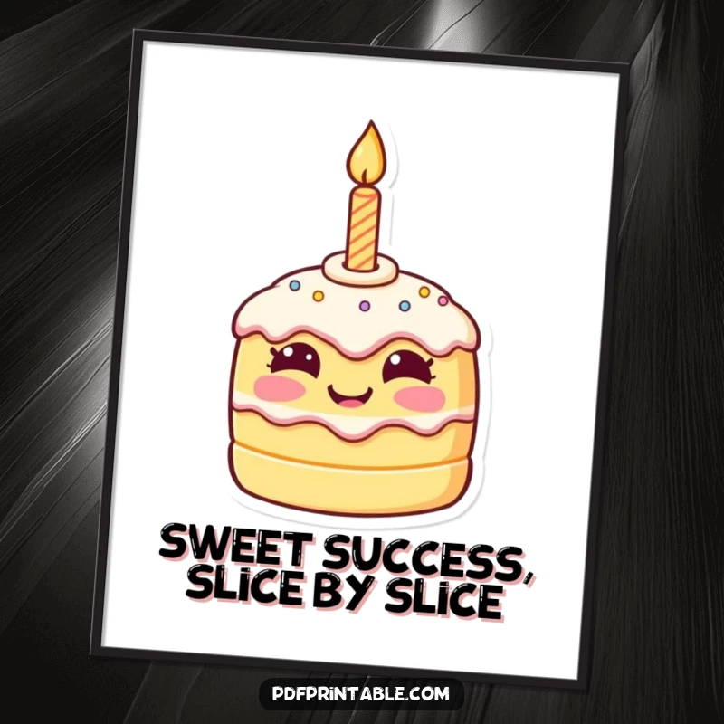 Funny Free Printable Wall Art of a happy cake character with a candle, radiating pure birthday joy.