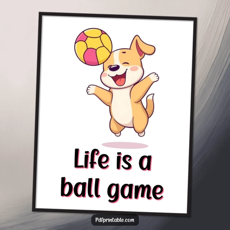 Funny Free Printable wall art: a happy dog energetically bounces a colorful ball high in the air, creating a dynamic and joyful scene.