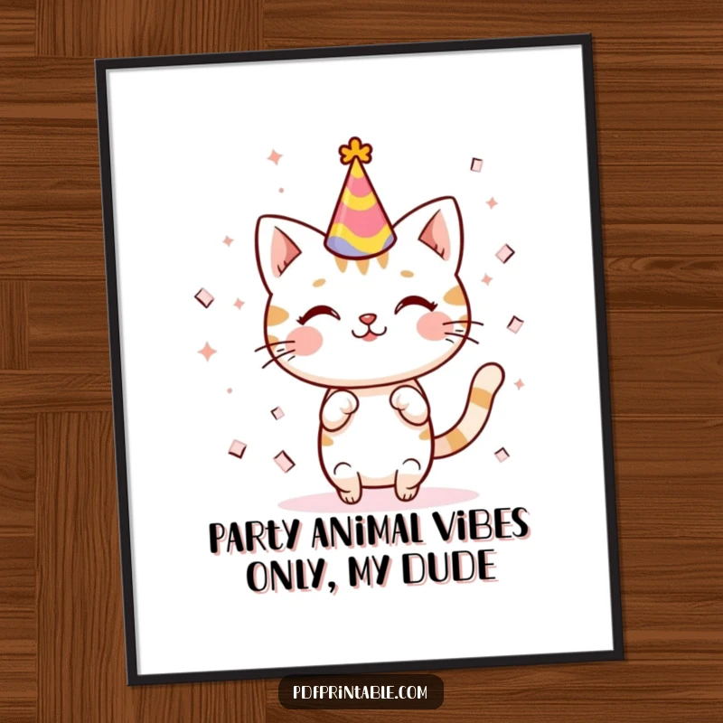 Funny Free Printable Wall Art: A kawaii cat in a party hat joyfully celebrates amidst a shower of paper confetti.