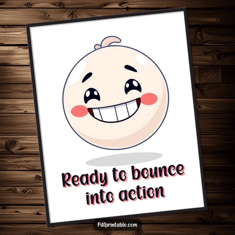 Funny Free Printable Wall Art: A grinning bouncy ball character is captured mid-motion, appearing ready to bounce with great energy.