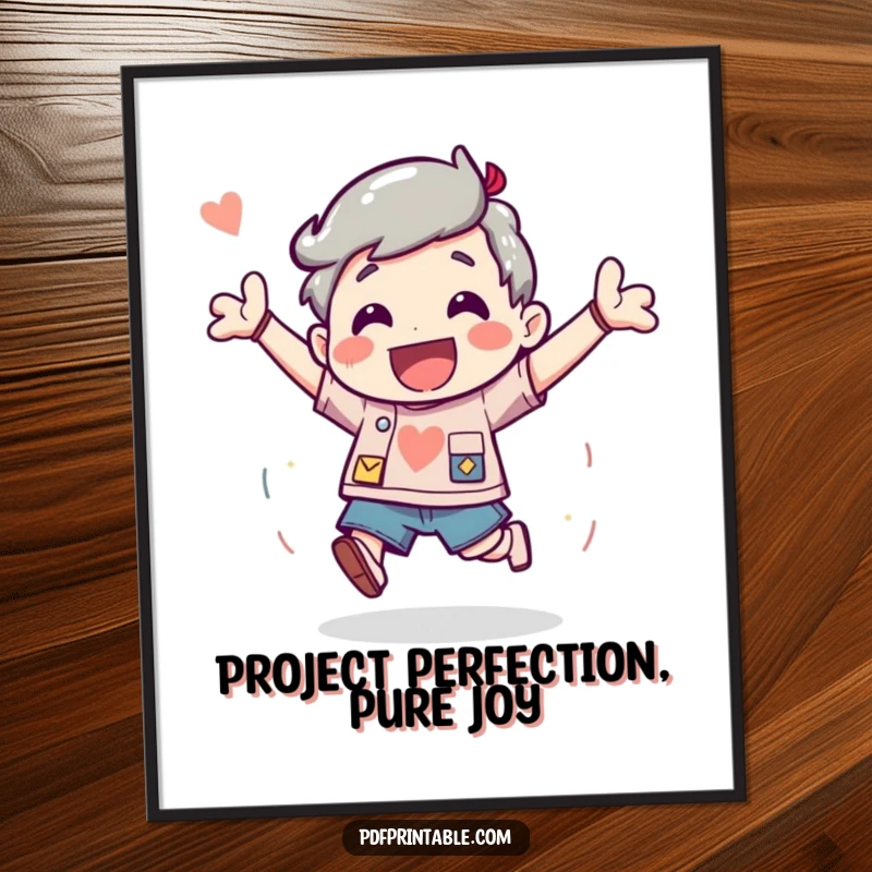Funny Free Printable Wall Art: Character bouncing with excitement after finishing a fun project, radiating pure happiness and accomplishment.