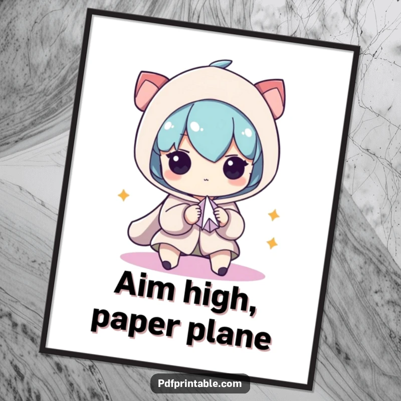 Funny Free Printable Wall Art: Character with intense focus meticulously folding a small paper airplane, a symbol of creation.