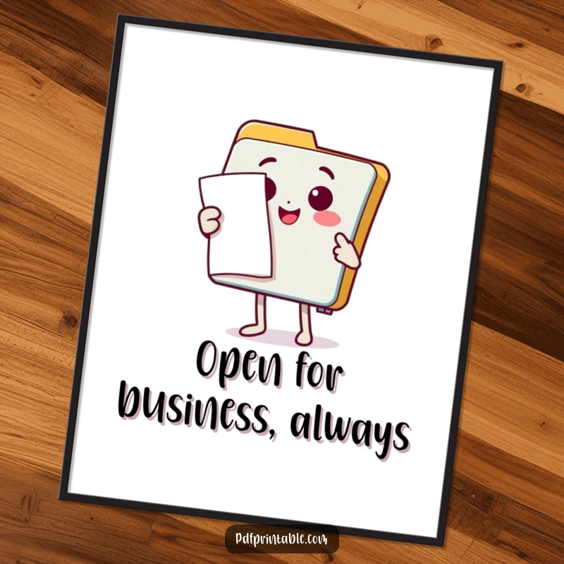 Funny Free Printable Wall Art: A happy folder character presenting a document with a flourish. Whimsical downloadable decor.