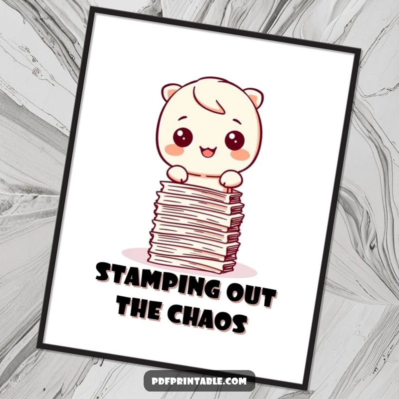 Funny Free Printable Wall Art: Kawaii character happily stamping papers into a neat, organized stack with a smile.