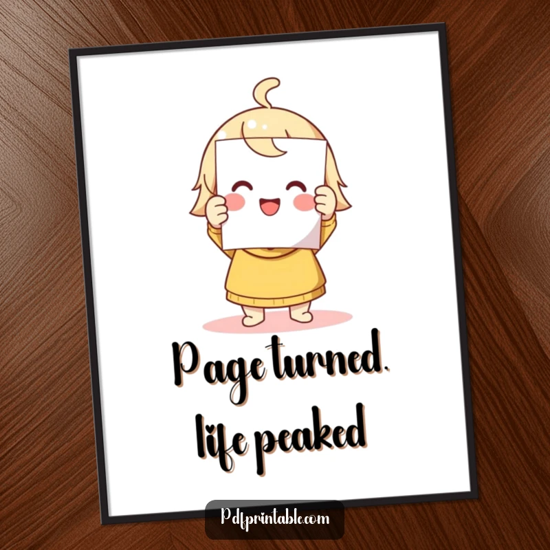 Funny Free Printable Wall Art of a cute character triumphantly holding a freshly printed page with a proud smile.