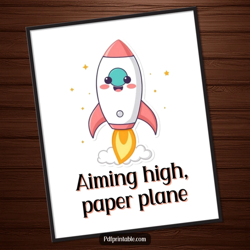 Funny Free Printable Wall Art: A kawaii rocket character launching from a cheerful, smiling paper, symbolizing adventure and aspiration.