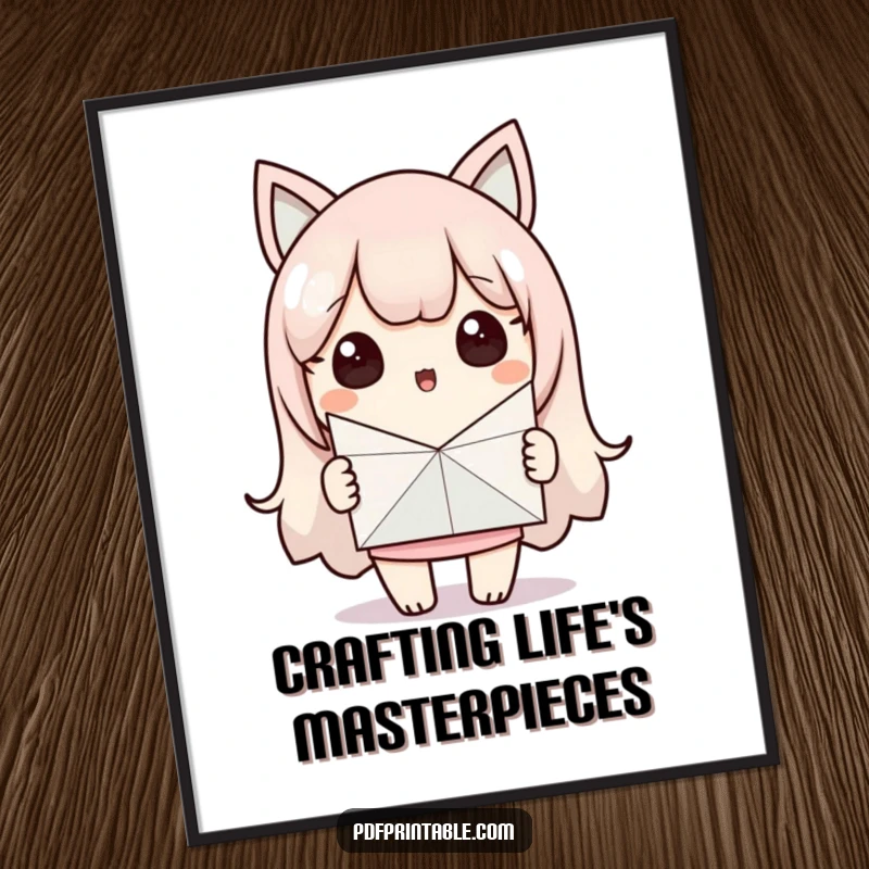 Funny Free Printable Wall Art: Kawaii character looking surprised, proudly holding a finished paper craft, humorous decor.