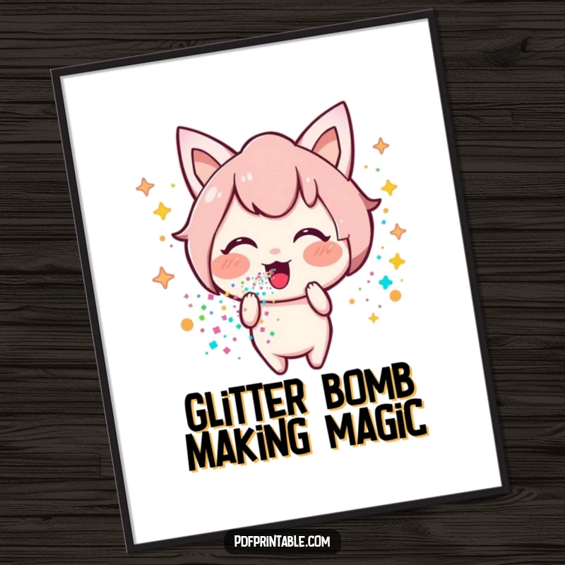 Funny Free Printable Wall Art: A cheerful Kawaii character joyfully blows a vibrant stream of colorful glitter into the air.