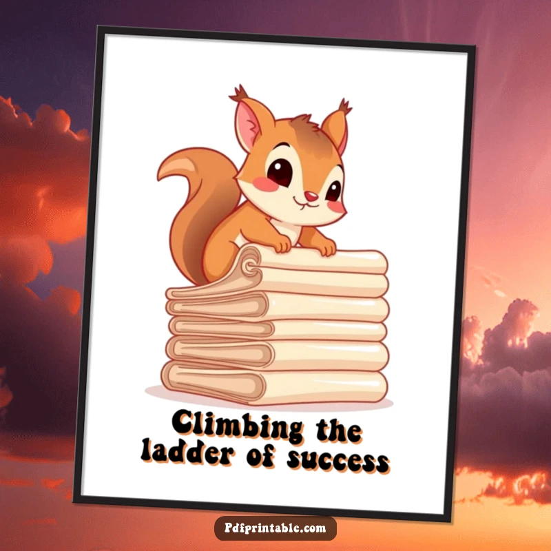 Funny Free Printable Wall Art: A curious squirrel energetically climbing a precarious stack of rolled documents, office humor.