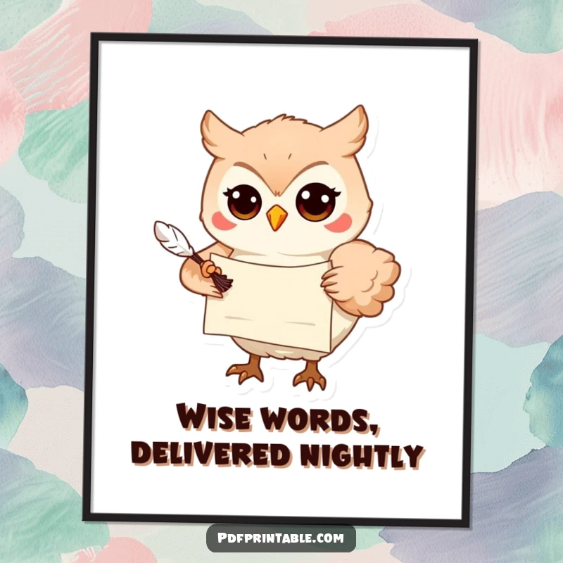 Funny Free Printable Wall Art: Playful owl with a scroll and feather quill in its beak, looking wise.