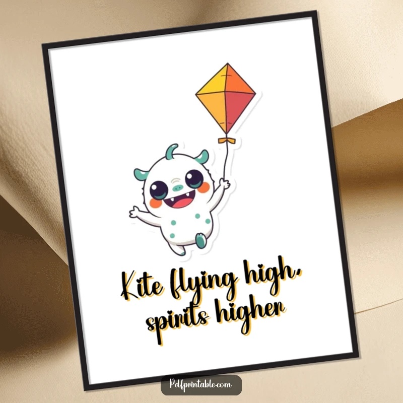 Funny Free Printable Wall Art: Cheerful monster character joyfully flying a colorful kite, adding whimsical and fun vibes to any space.